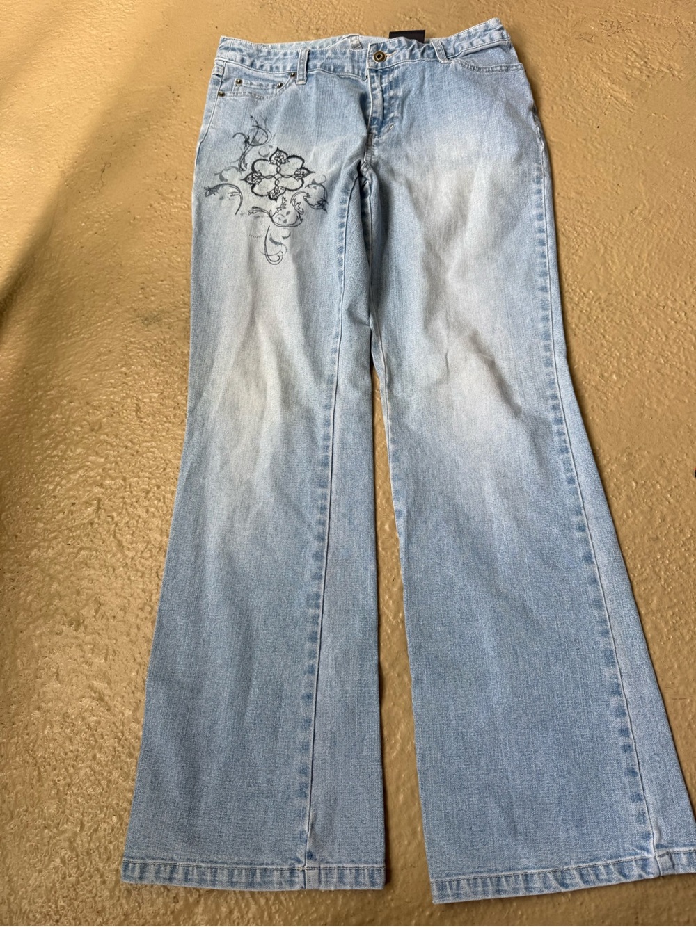 Style & Co. Light Blue Floral Embroidered Wide-Leg Jeans 10 Petite Vtg